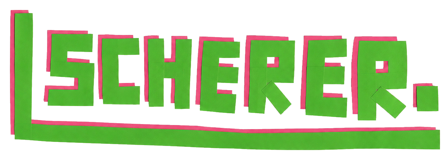 EinSchriftzug aus rosa und grünem Klebeband die den Schriftzug scherer. bilden